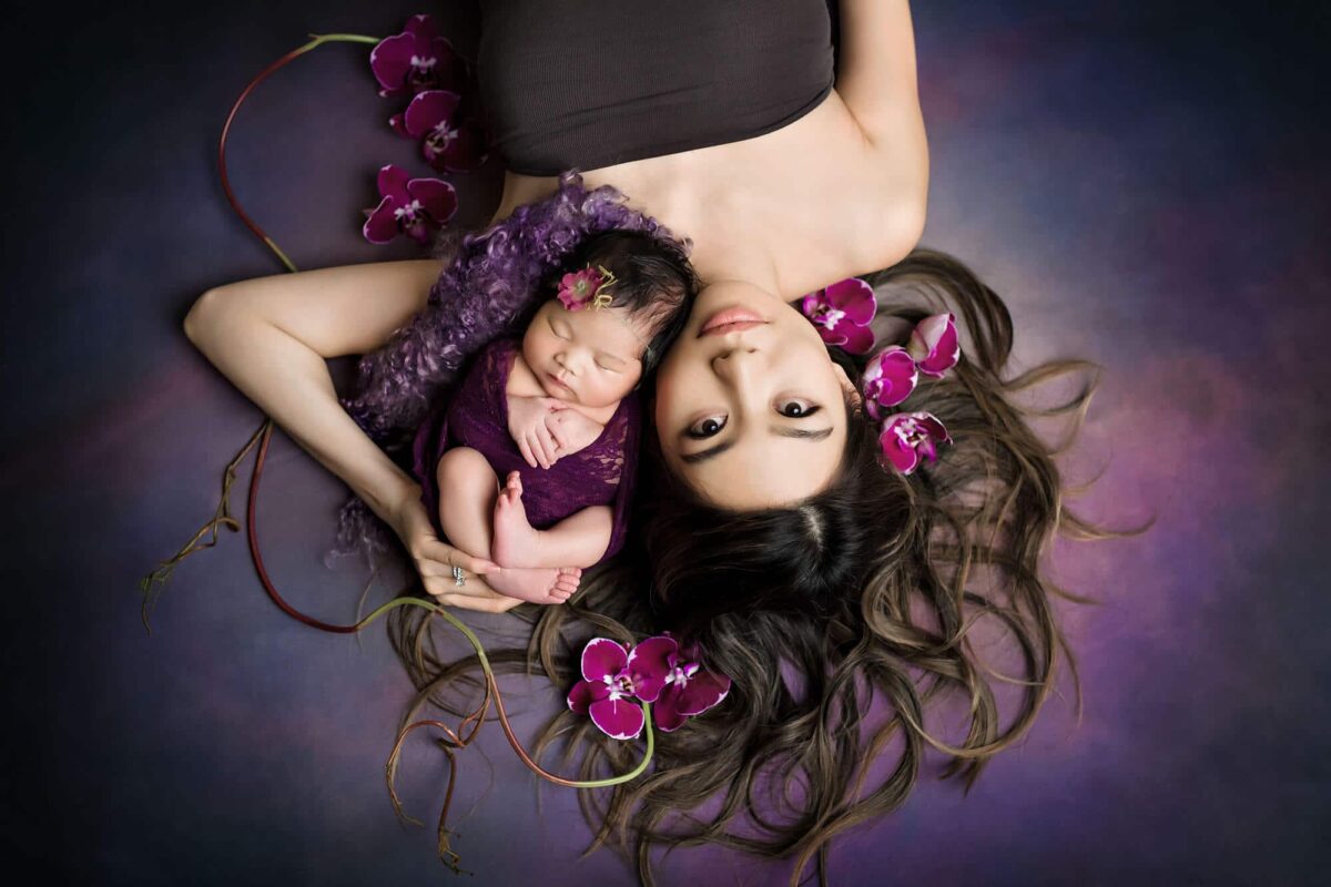 Seattle Newborn Photographer Mom Newborn Magenta Orchids