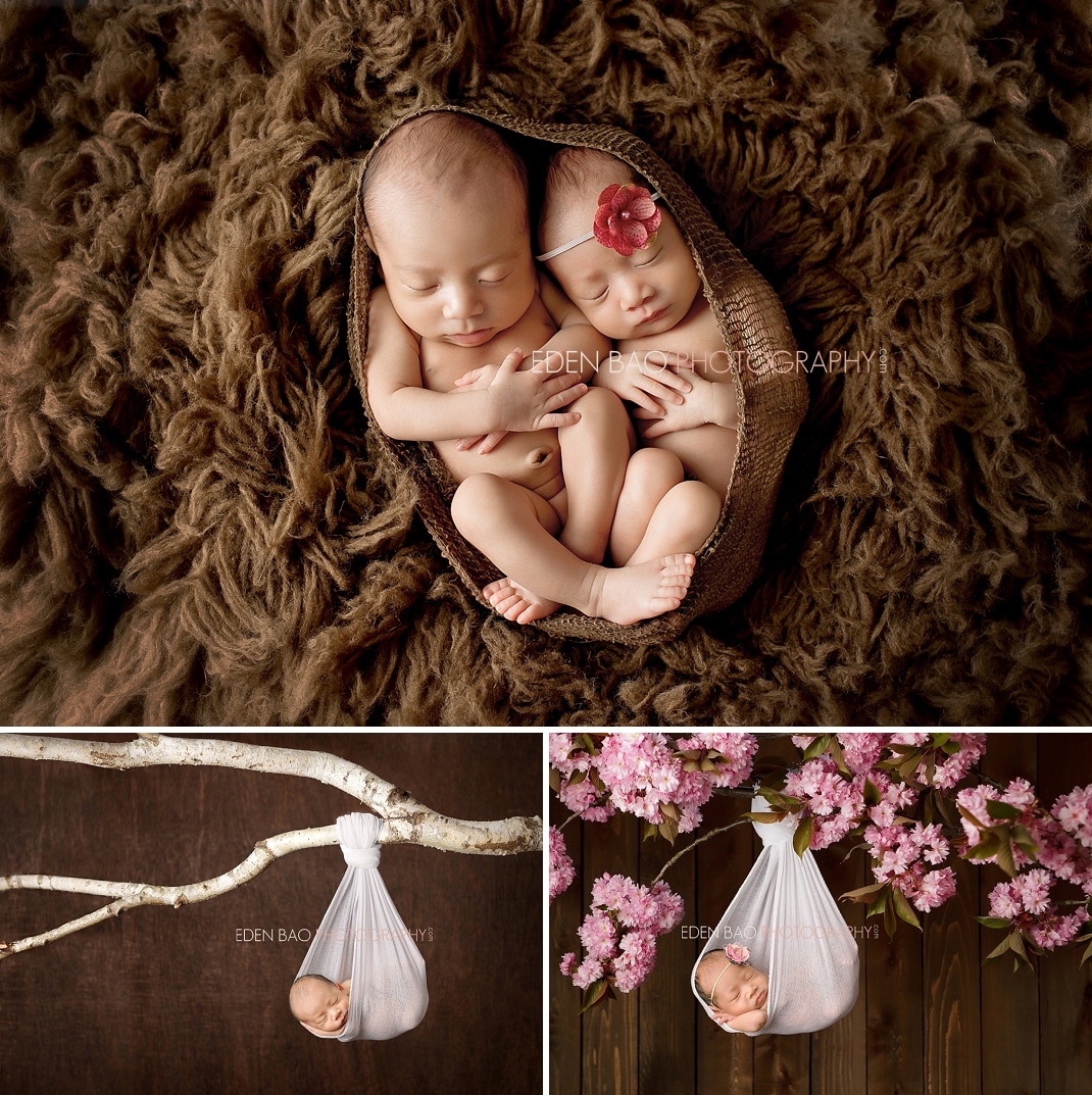 Richmond BC Newborn Photographer Eden Bao | Twins boy girl brown rug hanging tree branch