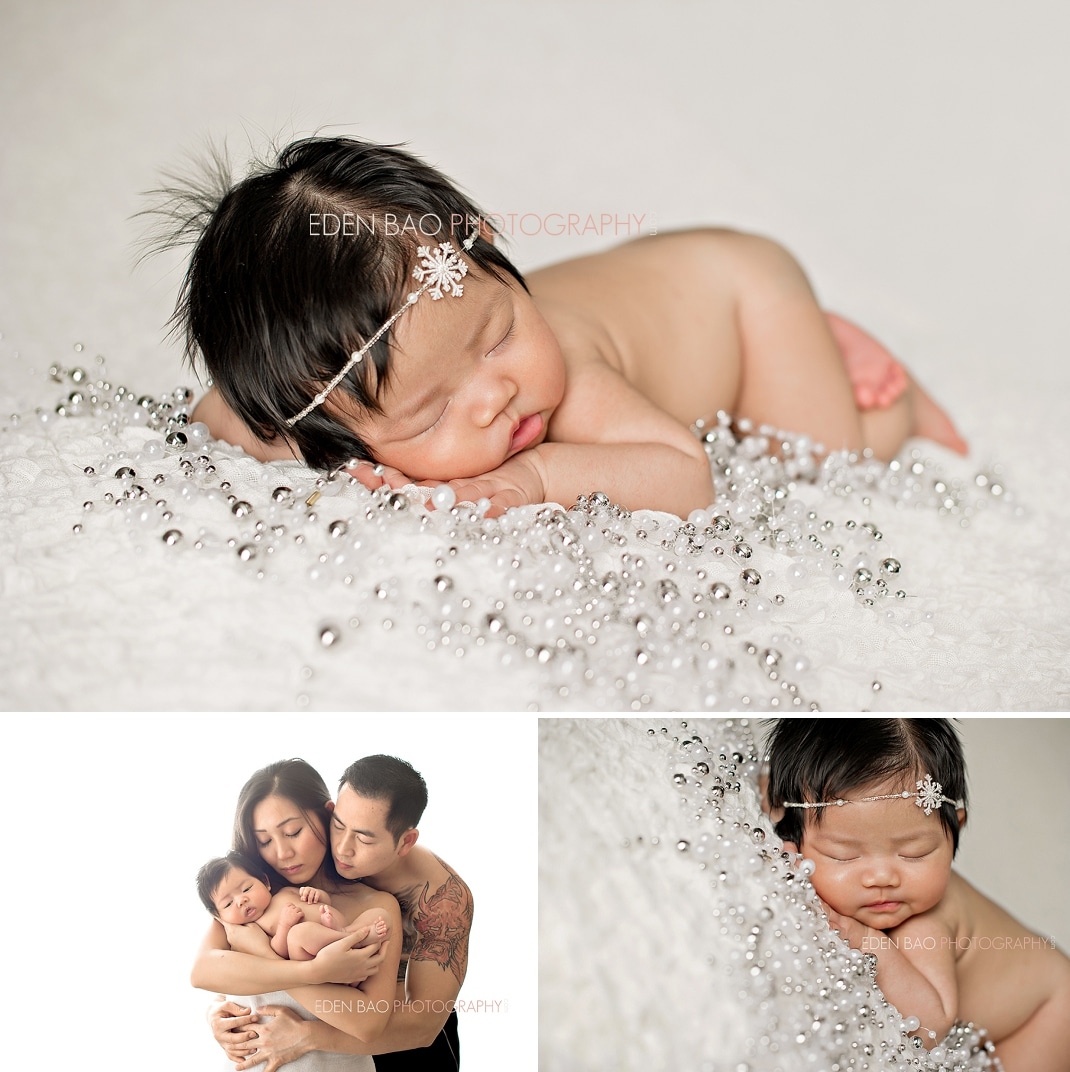 Burnaby BC Newborn Photographer Eden Bao | Mikayla snowflake headband white snow theme