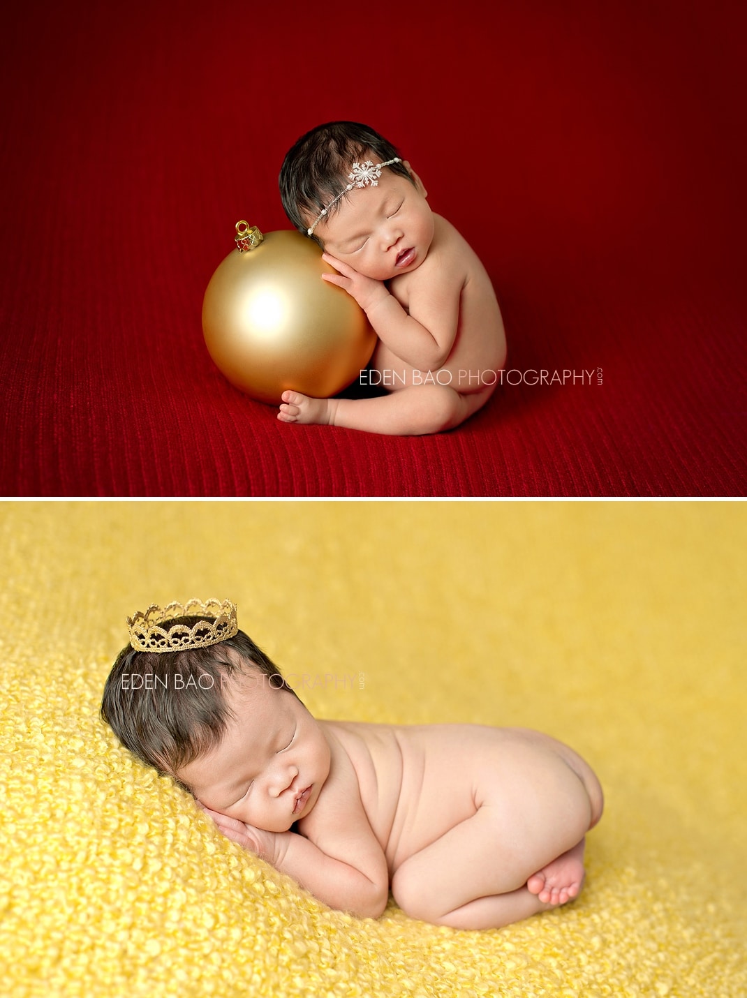 Port Moody Newborn Photographer Eden Bao | Newborn girl Christmas Ornament gold crown red yellow