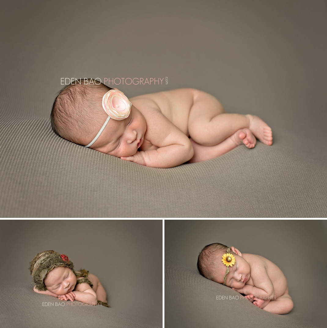 Vancouver Surrey Richmond Burnaby BC Newborn Photographer Eden Bao | Natalie taupe beige background sunflower pink green red bonnet