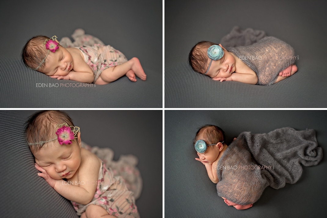 North Vancouver BC Newborn Photographer Eden Bao | Sadie grey background magenta blue flower wrap