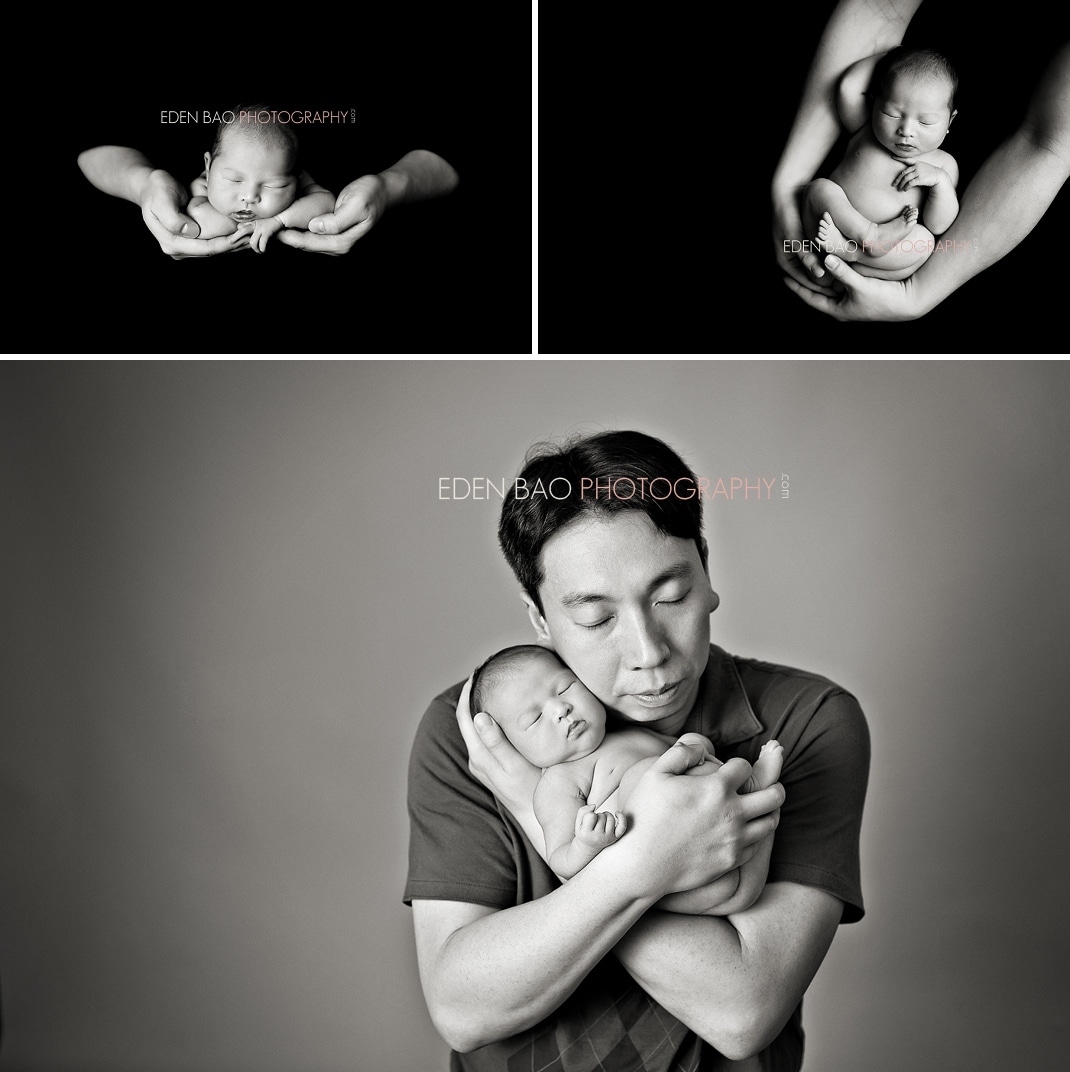 Vancouver Surrey Richmond Burnaby BC Newborn Photographer Eden Bao | Natalie black and white dad newborn in hands