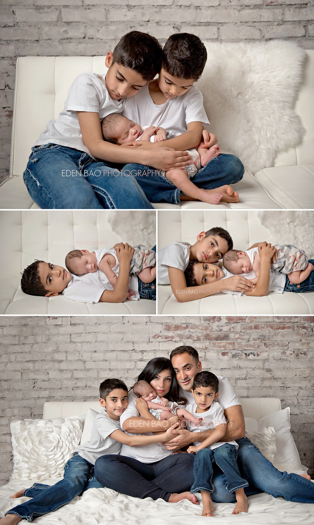 Vancouver BC Newborn Photographer Eden Bao | Aarya Indian sibling family baby cream leather futon brick walls