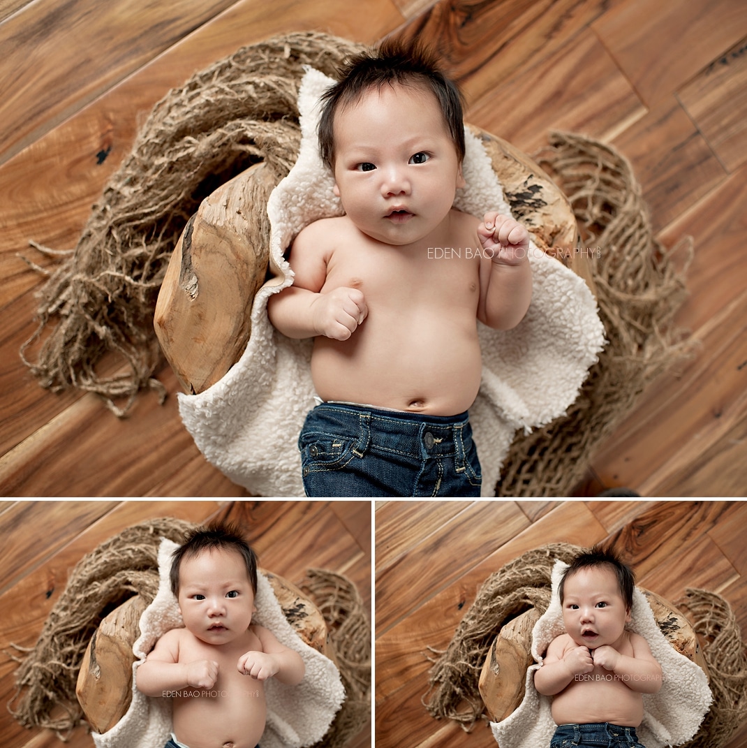 Vancouver BC Newborn Photographer Eden Bao |Tristan hard wood floor burlap