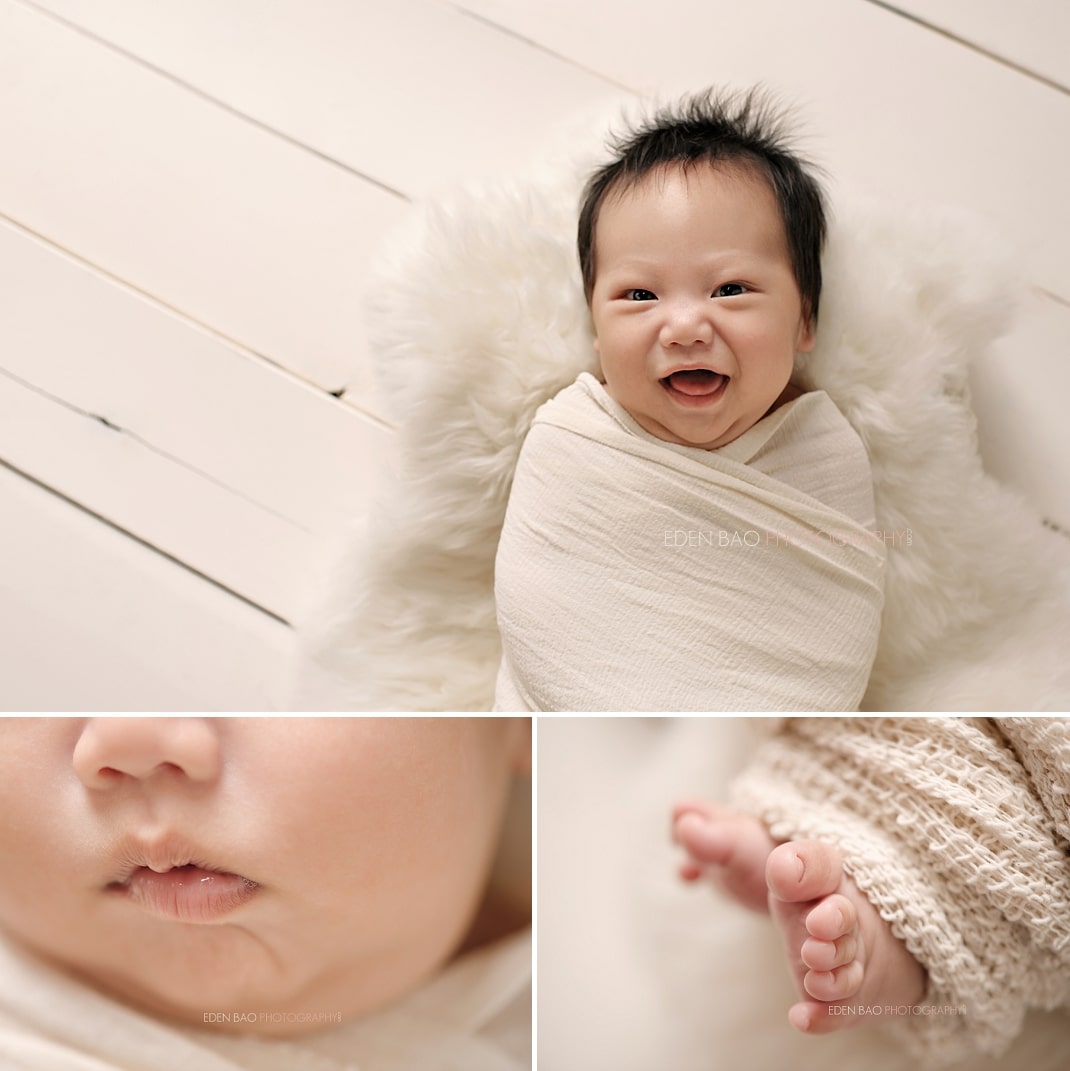 Vancouver BC Newborn Photographer Eden Bao |Tristan cream fur wood floor
