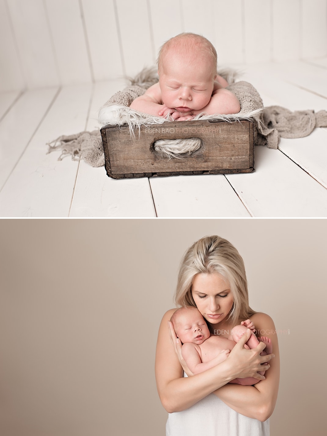 Burnaby BC Newborn Photographer Eden Bao Luka in box cream wood planks blond mom and baby