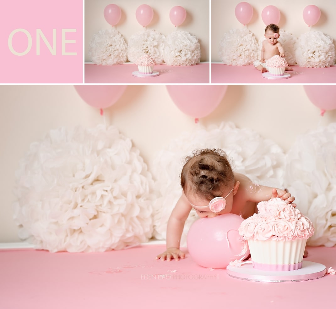 Surrey Vancouver BC Baby Photographer pink ivory flower puff smashcake