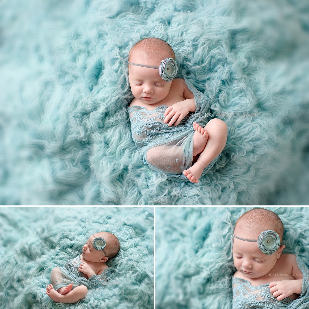 Vancouver BC Newborn Photographer Eden Bao light teal blue flokati poses