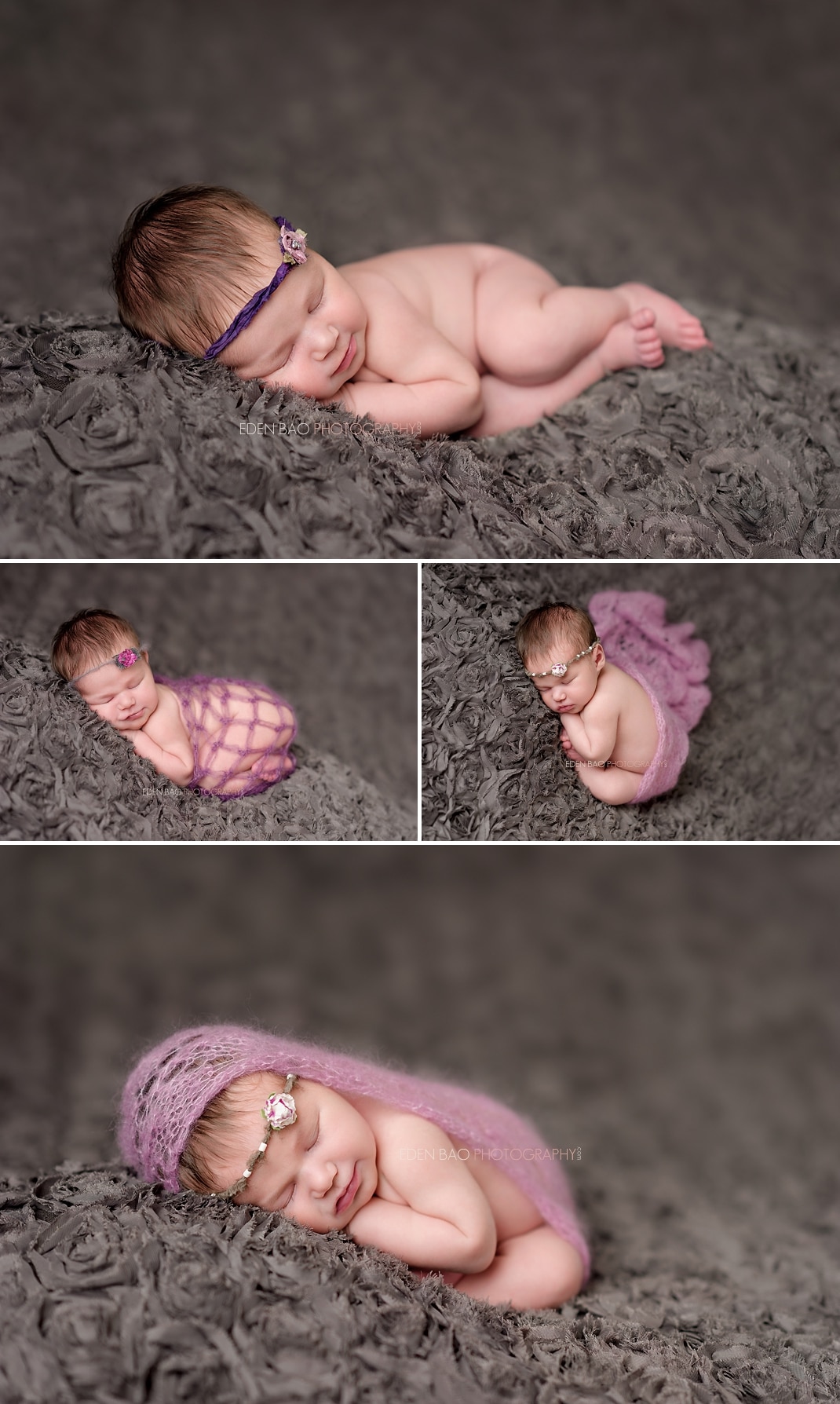 Newborn Professional Photos Seattle grey beanbag poses