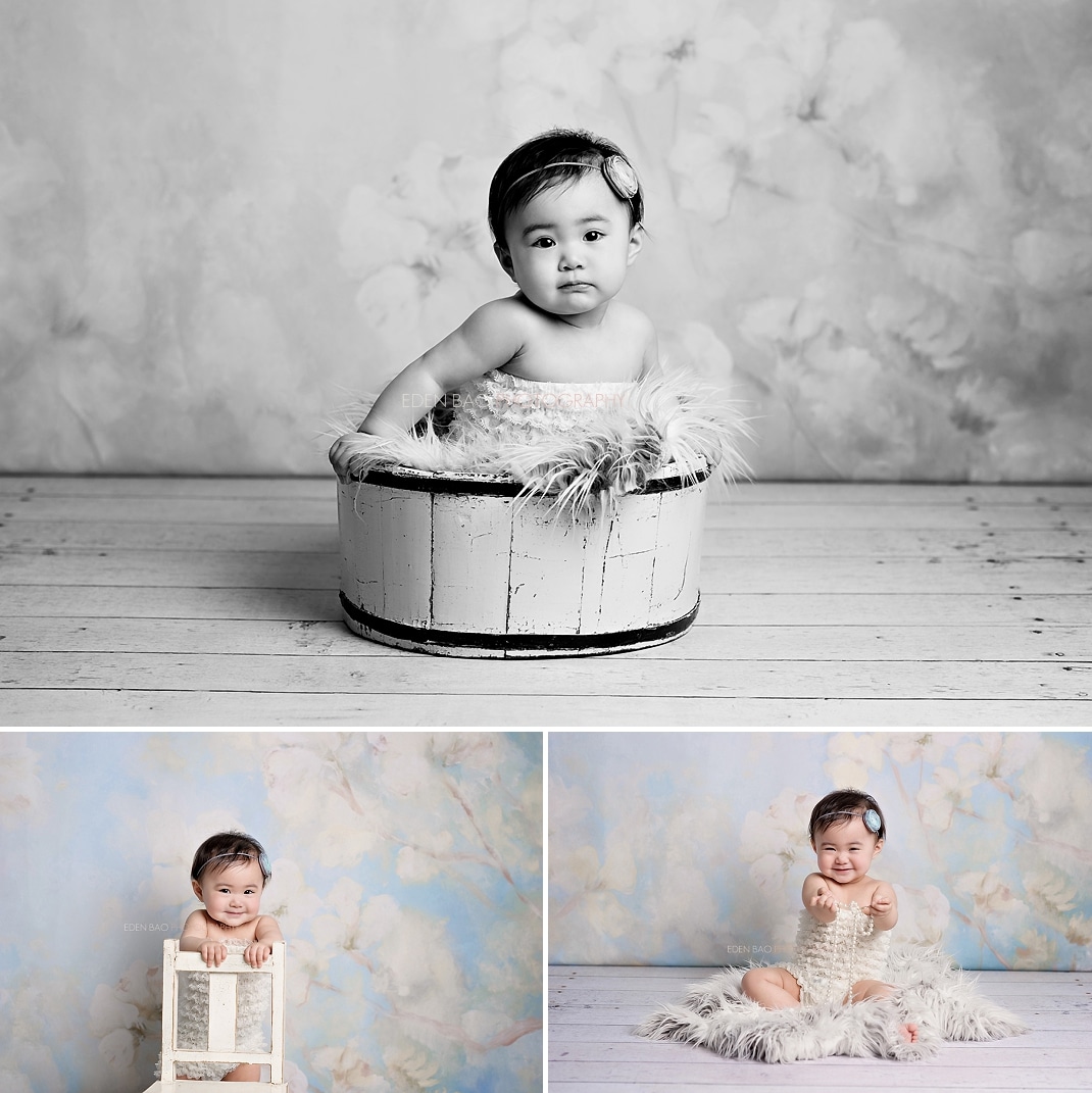 Baby Photographers Seattle 1 year portraits light blue white flower background