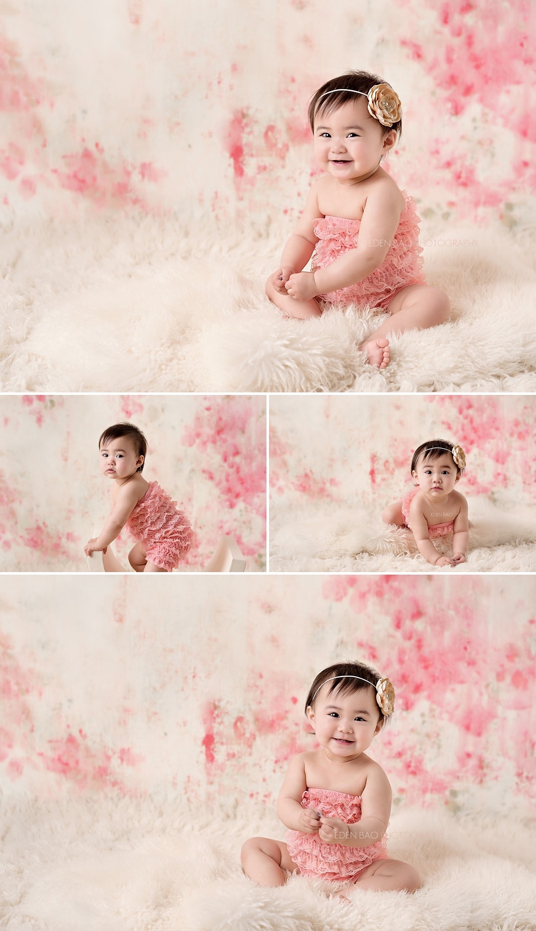 Baby Photographers Seattle 1 year portraits pink background