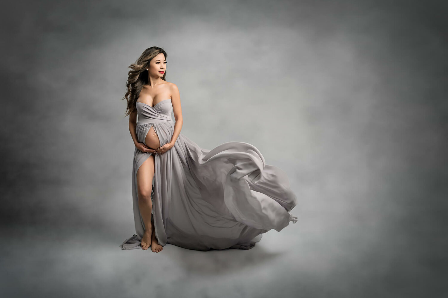 Studio Maternity Grey Dress Seattle Maternity Photographer
