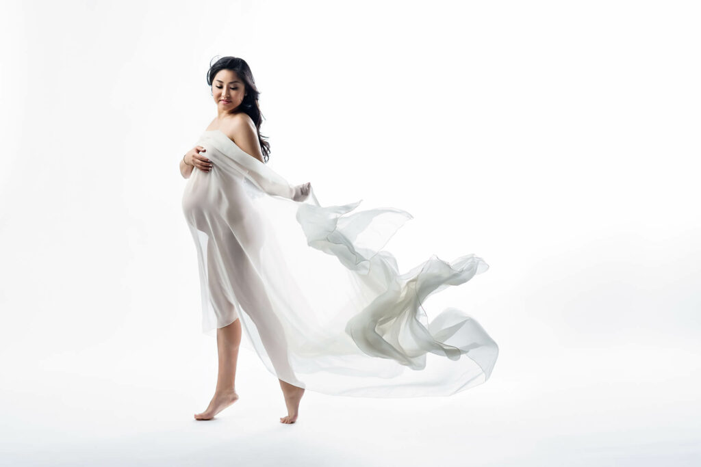 White silk toss Maternity Portraits Eden Bao
